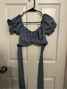 Dusty Blue Puff Sleeve Tie-Back Crop Top
